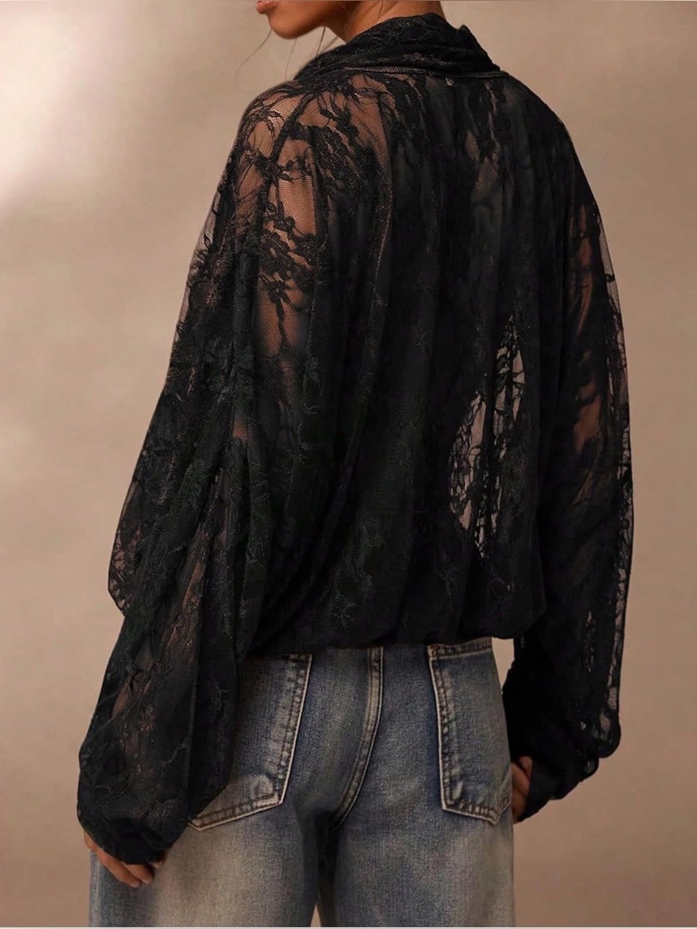 Boho Black Sheer Lace Tie-Front Blouse | Romantic Balloon Sleeve Top XS-XL - Picture 2 of 7
